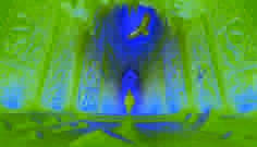 The mystical interior of the Sky Cave with glowing crystal and intricate carvings of condors and humans.