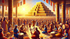Grand festival at Inanna’s temple in Uruk, people bearing gifts, banners waving