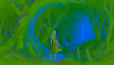 Une jeune fille tient un panier près des arbres tordus de la forêt de Hoia Baciu, dont les ombres forment une arche menaçante.