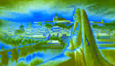 La reina Libuše se encuentra en las murallas de Vyšehrad al atardecer, contemplando la próspera ciudad medieval de Praga que se extiende a sus pies.