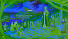 La reina Libuše se encuentra en la cima de una colina, supervisando la construcción de Praga junto al río Vltava mientras los trabajadores edificado la ciudad.