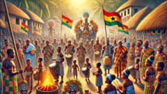Asafo-Gesellschaften tragen Fahnen und führen während des Akwanbo-Festivals in einem lebhaften ghanaischen Dorf Rituale auf.