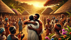 Mwindo et Shemwindo s’embrassant dans le village de Tubondo tandis que les habitants se rassemblent dans une joyeuse célébration.