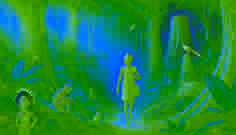 Ebele entra en la densa selva, sosteniendo un talismán, rodeada de un follaje vibrante y curiosos animales.