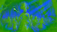 Königin Nzinga führt ihre Krieger durch einen dichten Wald, während sie ihren Speer hoch in die Luft hält und das Sonnenlicht durch die Baumwipfel strahlt.