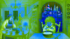 Augustus refuse la soupe à la table de la cuisine en rêvant de douceurs.