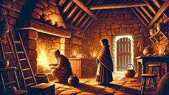 The Brownie pausing at the hearth as a grateful girl thanks him under the warm kitchen glow.
