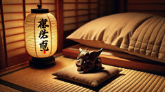 Baku esculpiu um talismã de madeira ao lado de um travesseiro de futon.