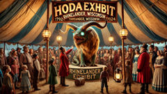 Eugene Shepard showing off the Hodag hoax in a tent to excited townsfolk.
