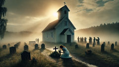 Swedish churchyard bathed in early sunlight, mother kneeling by tiny grave