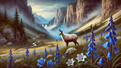 Zlatorog, guardião do Monte Triglav, ergue-se entre prados alpinos e flores raras, sob um céu nublado.