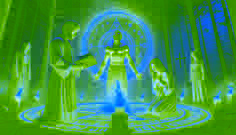 Une scène rituelle avec Marcus chantant à l'intérieur d'un cercle lumineux et la Soucouyant piégée à l'intérieur, sa flamme s'atténuant.