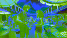 Un marché animé à Soufrière, avec des étals colorés, des villageois, des touristes, Marcus et Elena en pleine conversation.
