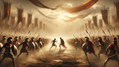 ساحة مضطربة حيث يعيد هرقل الحزام بين صفوف تتعارك، ترفرف الرايات ويرتفع الغبار تحت سماء باهتة.