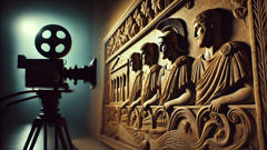 Stone relief showing Horatius and his companions with the city of Rome behind them