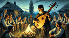 Um kobzar toca uma bandura enquanto os moradores da vila ouvem, ilustrando o legado musical de Mamai.