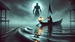 Ein Fährmann zündet eine Lampe an, um die Illusion eines Rakshasas auf einem nebelverhangenen Fluss zu enthüllen.