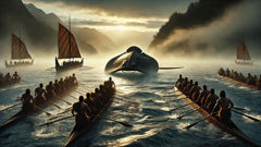 Maori warriors in canoes battling a giant stingray in misty harbour waters