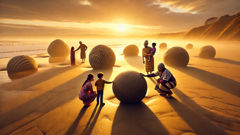 Familia maorí visitando las Moeraki Boulders al amanecer en la playa de Otago