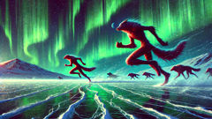 Adlet siblings flee across an icy plain as Inuit hunters give chase under auroras.