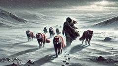 Nivi and her Adlet children travel across the snowy tundra under gray skies.