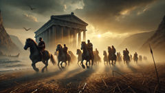 Herakles bindet die Stuten des Diomedes, während der Küstenwind Stroh verweht und dahinter die Königshalle schmort.