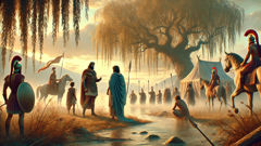 يلتقي هرقل بوفود الأمازون قرب الشاطئ عند الفجر؛ ظل الصفصاف ومعسكر بعيد يهيّئان المشهد لدبلوماسية هشة.