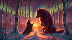 Nivi meets the red dog under twilight in the Arctic birch woods.