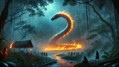 A Boitatá aparecendo como uma serpente de luz durante uma noite tempestuosa na floresta.