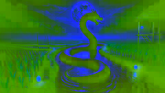 Emerging Naga serpent glimmering in the river under moonlight with outlines of rice fields