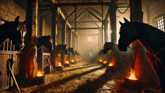 Der Innenraum des Stalls von Diomedes, in dem verfilztes Stroh, Fackeln und die massigen Gestalten der Stuten zu sehen sind.