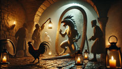 Confronto numa adega iluminada pela luz de uma lanterna, com um espelho rachado que reflete uma criatura de pedra e um galo assustado.