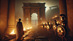 A nocturnal scene of soldiers and shield light as Tarpeia opens a gate amidst turmoil
