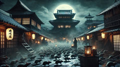 Um enxame de ratos iluminado pela lua, com dentes de ferro que cintilam, roendo as vigas do templo e o telhado de palha.