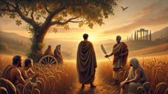 A Roman messenger presents a laurel branch to Cincinnatus in his field