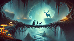 Luka and Veles on a living bridge between worlds, above a churning river cavern.