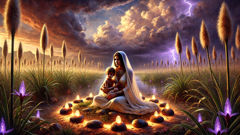 Isis hides with young Horus among tall marsh reeds in ancient Egypt.