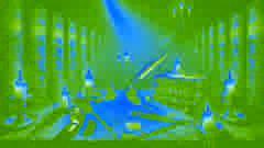 Faustus und Mephistopheles in einem kerzenbeleuchteten Zimmer, die einen Pakt mit Blut unterzeichnen.