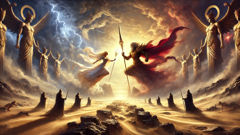 Horus and Set battle fiercely under a stormy sky as gods look on from the sidelines.