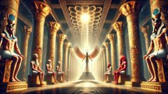 The Ennead of Egypt sits in judgment in a grand temple as Horus and Set stand before them.