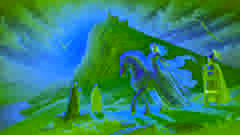 Rhiannon montando su mágico caballo blanco, encontrándose con Pwyll en la cima del túmulo Arberth.
