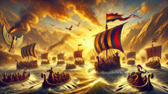 Guerreiros tebanos em barcos combatendo invasores hicsos no Nilo ao nascer do sol.