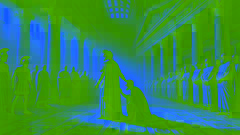 Oedipus confronts blind Tiresias in the Theban palace court