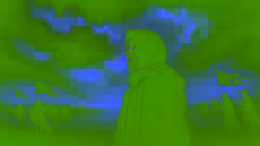 A fierce battle between Welsh and Irish warriors under stormy skies; Branwen watches in despair.