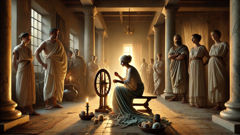 Lucretia’s shrouded body carried through Rome’s Forum as crowds rise in revolt.