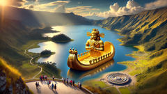 Der Guatavita-See spiegelt Wolken und Berge wider, mit einem goldenen Floss-Artefakt als Einlage.