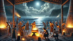 Handiong y un variopinto grupo de aldeanos forjando una lanza con punta de basalto en las forjas costeras.