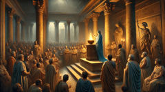 The Sibyl offers the last three prophetic books to King Tarquinius at dawn in Rome.