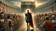 Titus Horatius stands bloodied but victorious over the fallen Curiatii brothers