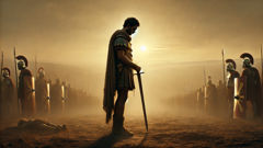 Roman and Alban champions stand ready for ritual combat at sunrise